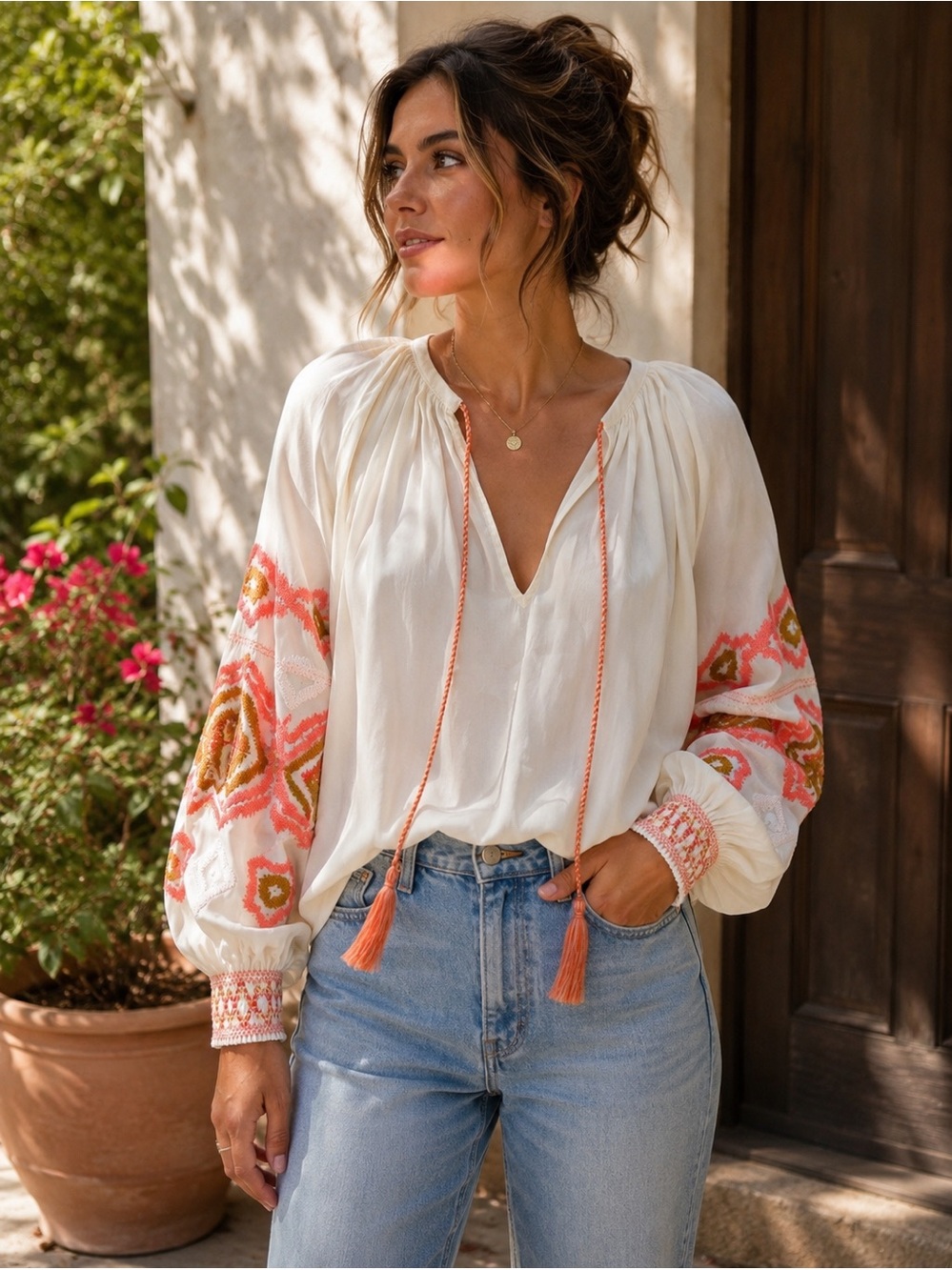 Marie Oliver relaxed fit embroidered  boho blouse-Ivory-XXS (fit more XS/S)